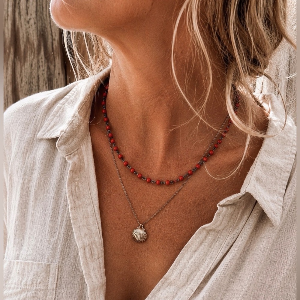 Vintage Red Glass Bead Chain Necklace 16” Minimal Layering Boho Coastal Cowgirl
